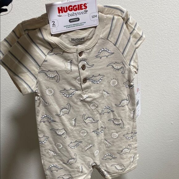 Huggies Babywear Organic Cotton Romper‎ Set 2-Pack Dinosaurs & Stripes 12M - Picture 6 of 10